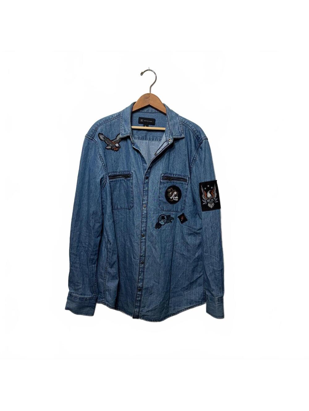 INC International Concepts Blue Denim Snap Shirt Patches Men's Large